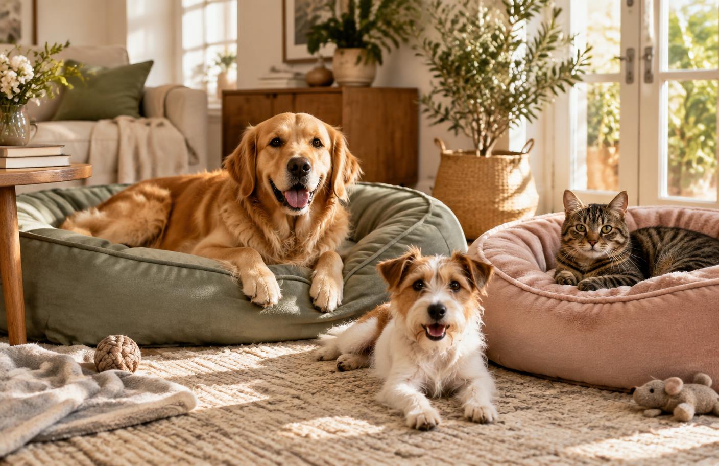 Un petit chien, un grand chien et un chat réunis dans un intérieur chaleureux